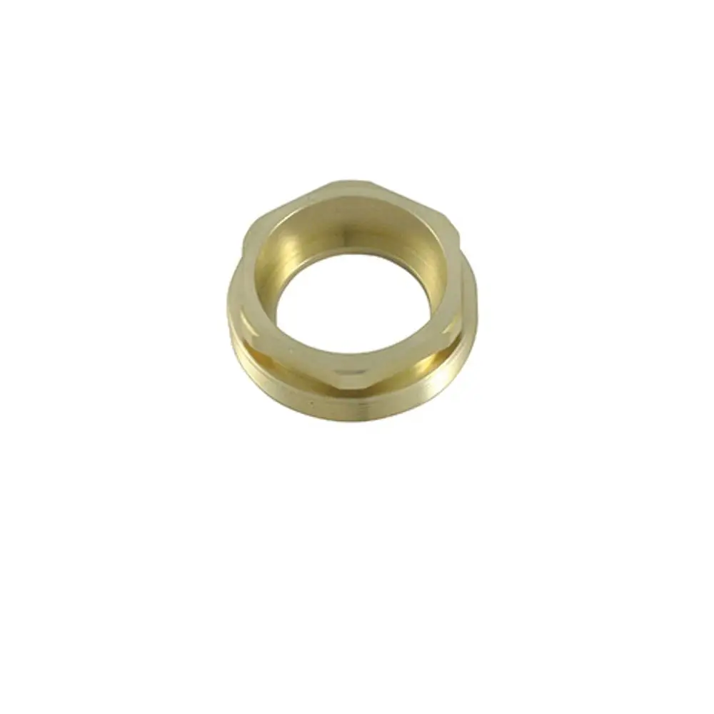 Kludi Ersatzteil in Form einer runden, goldfarbenen Spannschraube mit einem Innengewinde und flachen Seiten für eine passgenaue Befestigung.